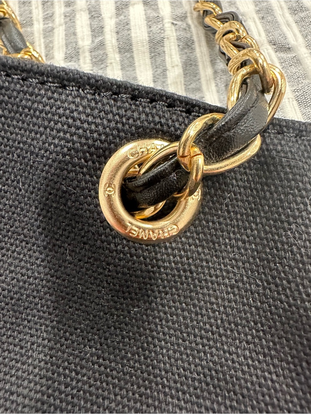 Black Canvas Tote with Gold Chain Handles - Picture 4 of 4